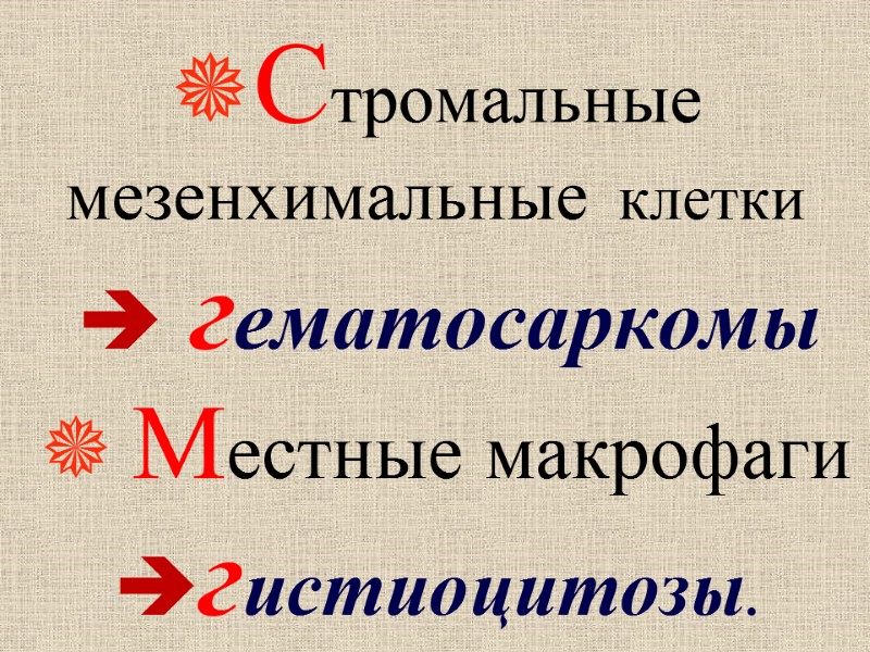 Стромальные  мезенхимальные  клетки    гематосаркомы   Местные макрофаги гистиоцитозы.